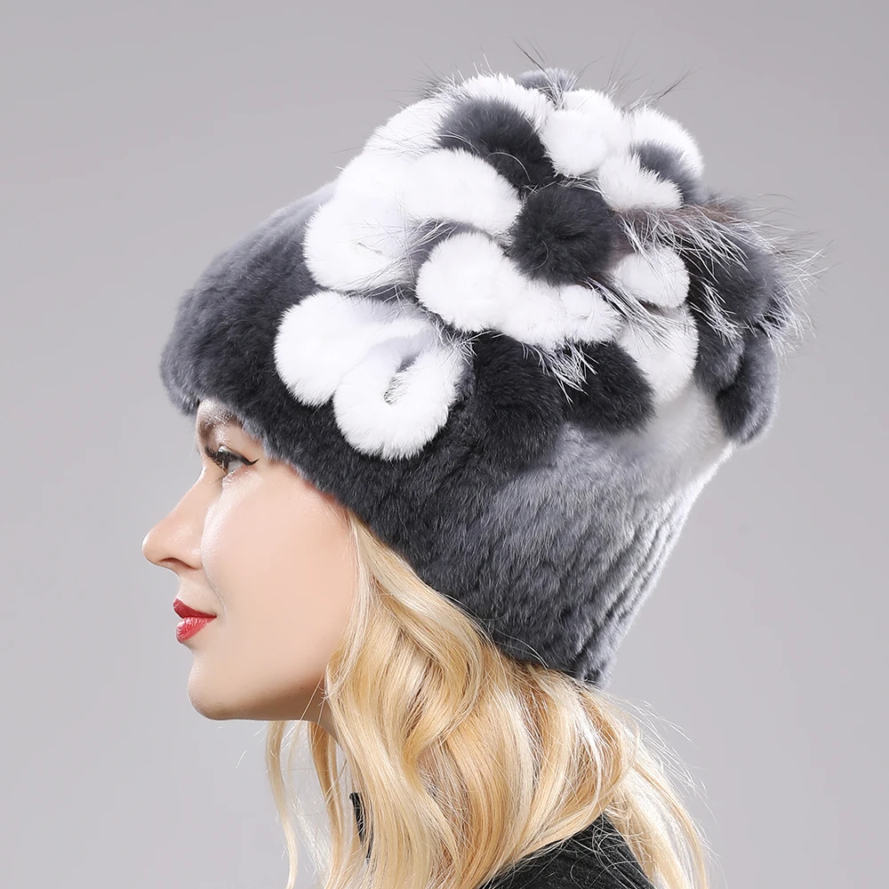 Fur Hats for Women Winter Real Rex Rabbit Hat Fox fur kniting female warm snow caps ladies elegant princess beanies cap