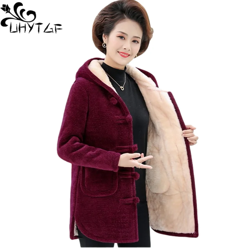 UHYTGF Fleece Thick Warm Winter Cotton Coat Quality Corduroy Parker Womens Jacket Elegant Mother Loose Large Size Tops Coat 1419