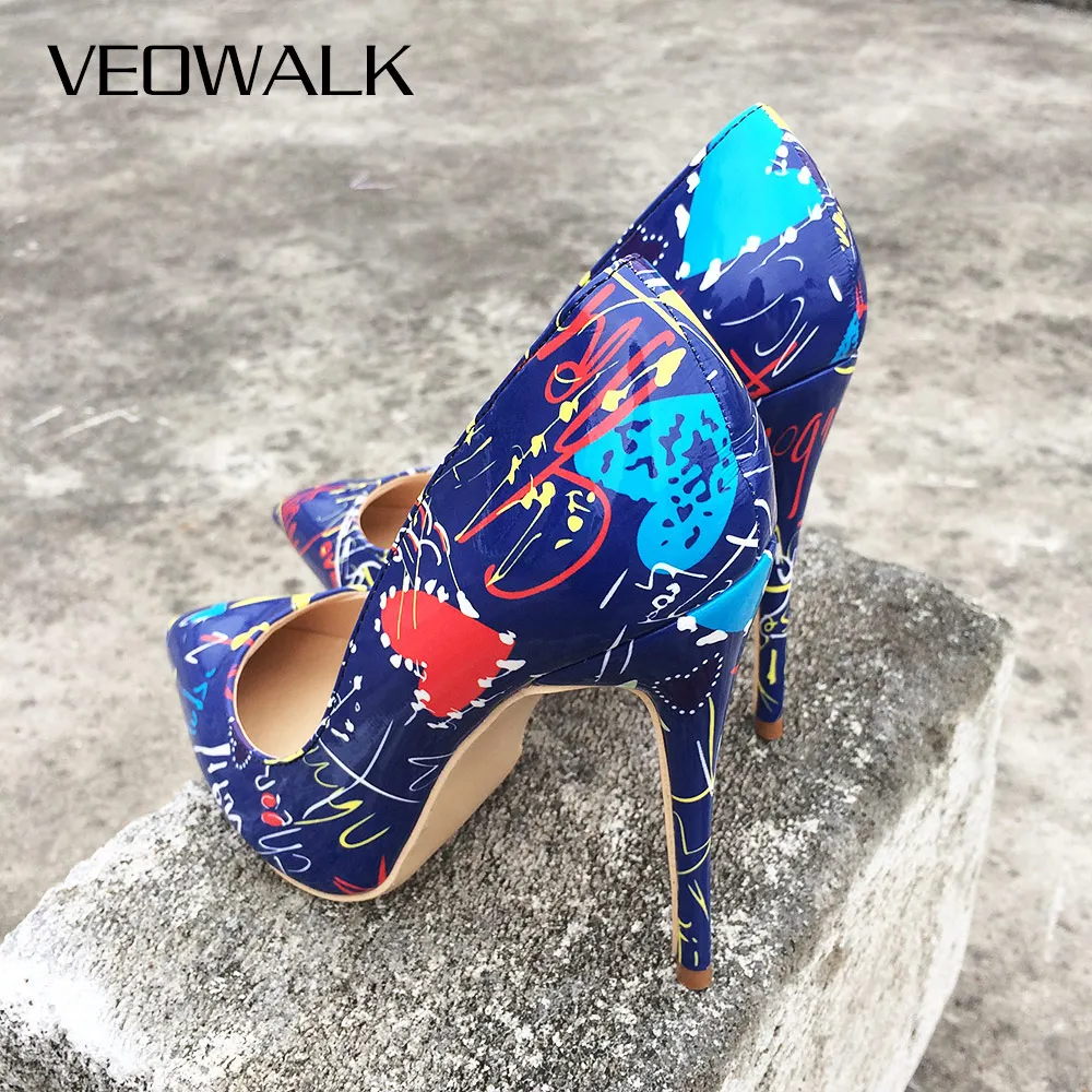 Veowalk Artistic Graffiti Colorful Women Pumps Sexy Stiletto high heels Spring Wedding Party Woman Shoes sapato feminino Blue