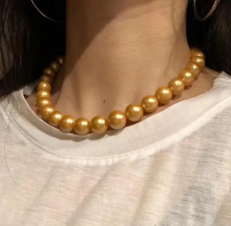 MADALENA SARARA 11mm-12mm Freshwater Pearl Round Shape Necklace Golden Color Good Quality Women Necklace Jewelry