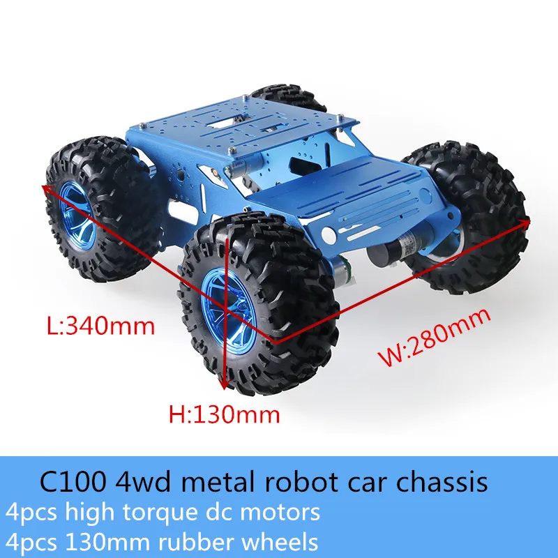 

C100 4wd Metal Smart Robot Car Chassis Kit 130mm Rubber Wheel High Torque DC Motor 5KG Load DIY For Arduino Education Toys