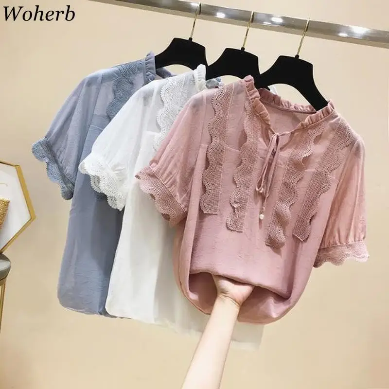 Woherb 2024 Summer Women  Chiffon Blouse Ruffle Lace Shirt Female Elegant Bandage Blusas All-match Blouses Femininas