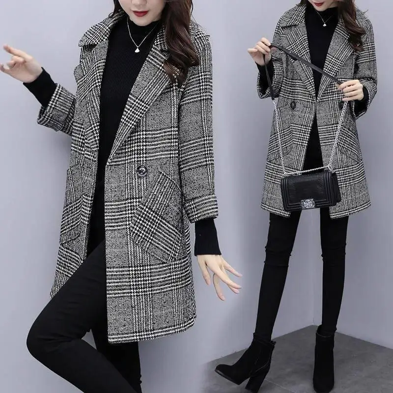 

Plaid Woolen Jackets Women's 2024Autumn And Winter New Coat Mid-Length Loose Overwear Female Temperament Woolen Outcoat Ladies