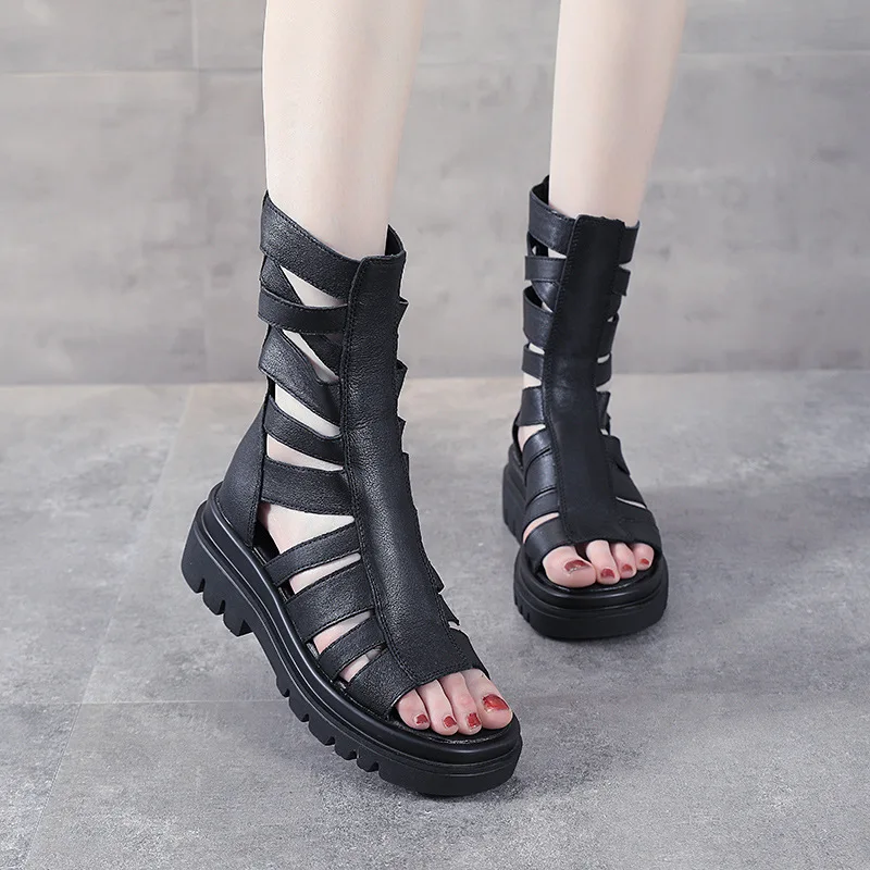 

Leather high-top Roman sandals 2021 summer new female summer flat mid-heel mid-tube thick-soled hollow fish mouth cool boots