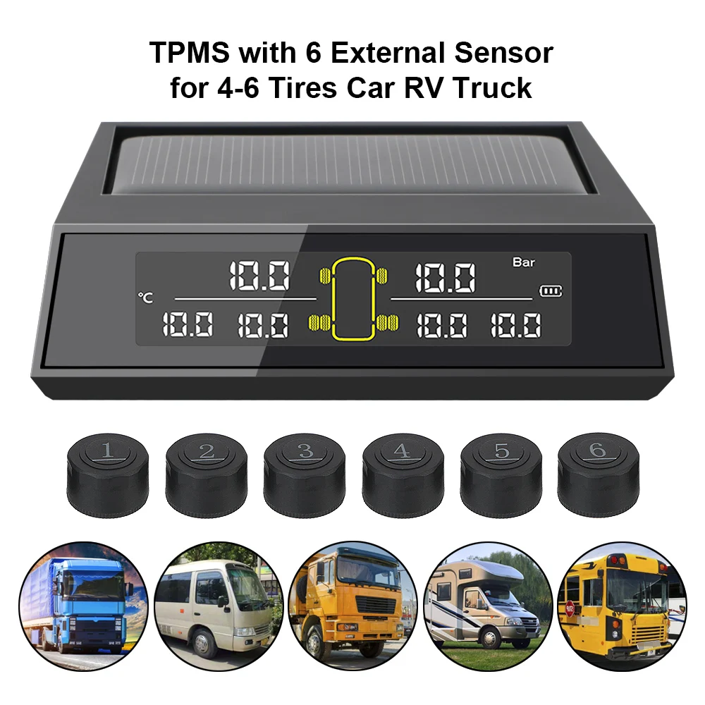 Car Solar Power TPMS 6Pcs/set External Sensor Tire Pressure Monitoring System Monitoring Tire Pressure Range LCD Color Screen