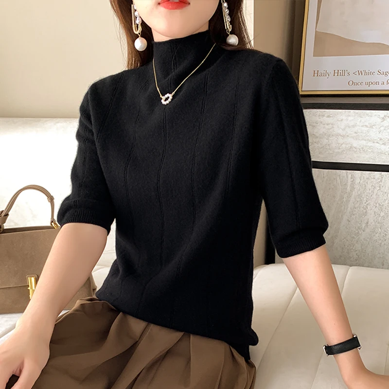 100% Pure Wool Half-sleeved Sweater Autumn Spring New Fashion Women Half High Neck Pullover Casual Knitted Tops Women Sweater