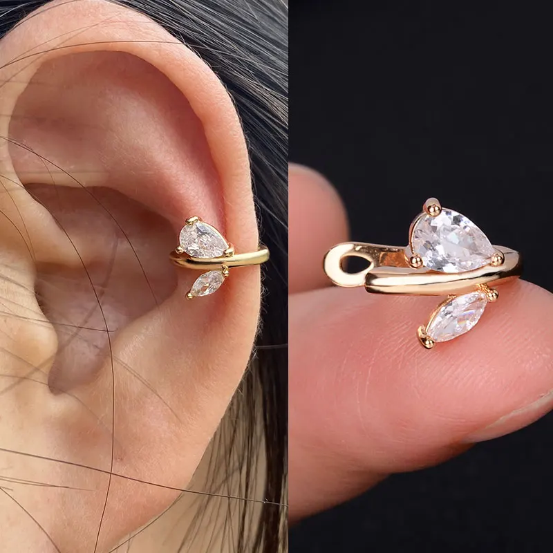 Brincos de clipe de orelha em cristal, elegantes flores, folhas, arco-íris, punhos para mulheres, envoltório, sem piercing, joias de casamento, 1