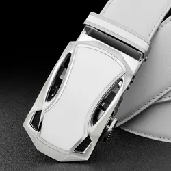 Ceinture large à boucle automatique pour hommes, 3.5cm, haute qualité, blanc, bleu, en cuir véritable, de styliste