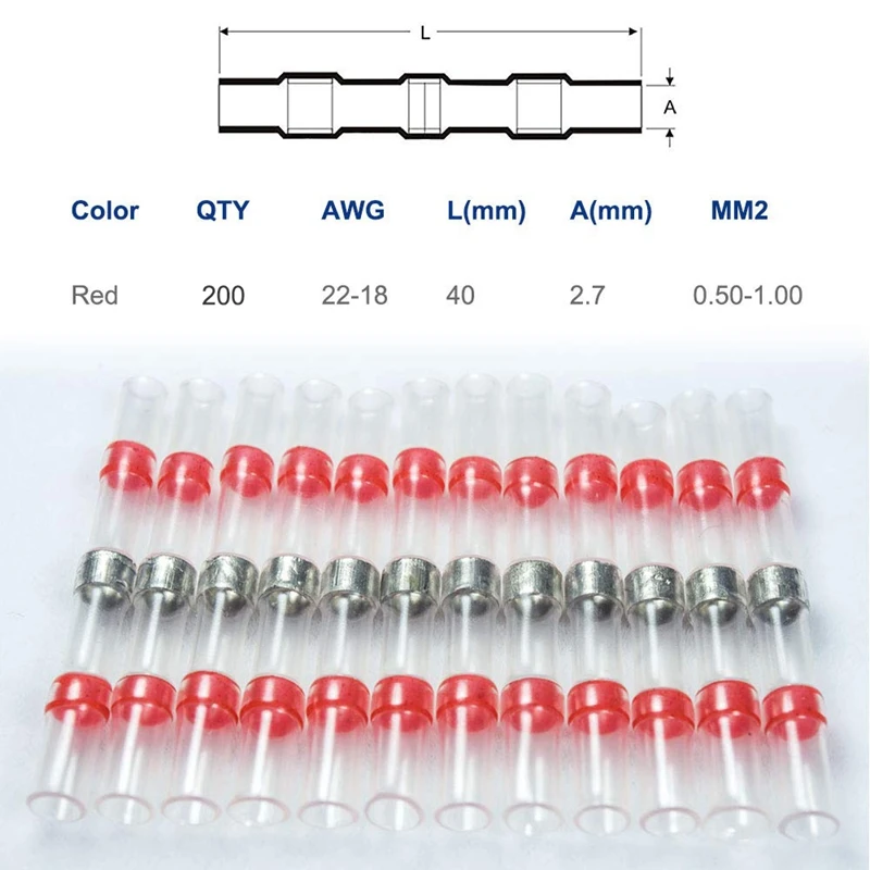 200PCS 22-18 AWG Red Solder Seal Wire Connectors , Heat Shrink Butt Connectors, Waterproof and Insulated Wire Terminals