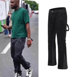 Y2k Streetwear Black Wide Leg Flare Jeans Splashed Ink Distressed Jeans Pants Hip Hop Patchwork Relaxed Fit Denim Trousers Men