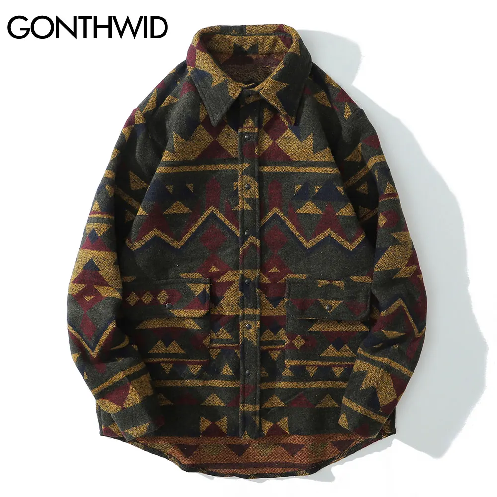 GONTHWID Thick Shirts Coat Streetwear Hip Hop Pockets Geometric Color Block Shirt Men Fashion Harajuku Casual Shirts Jacket Tops