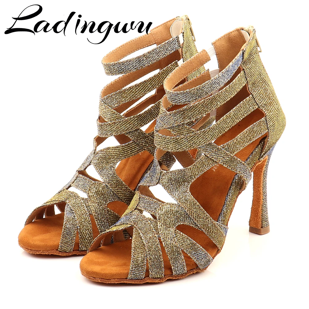Ladingwu Latin Dance Shoes For Women Ladies Girls 3 Colors Tango Ballroom Dancing Shoes Heeled 6-10cm Salsa Dance Boots