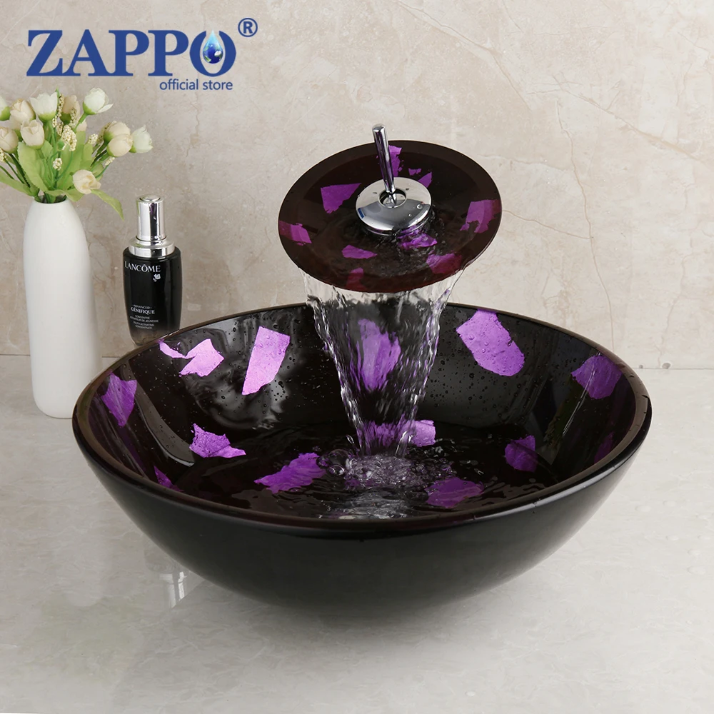 ZAPPO Bathroom Wash Basin Sink Faucet Set Purple Art Design Victory Sinks Tempered Glass Sink Brass Faucet Counter Top Mixer Tap