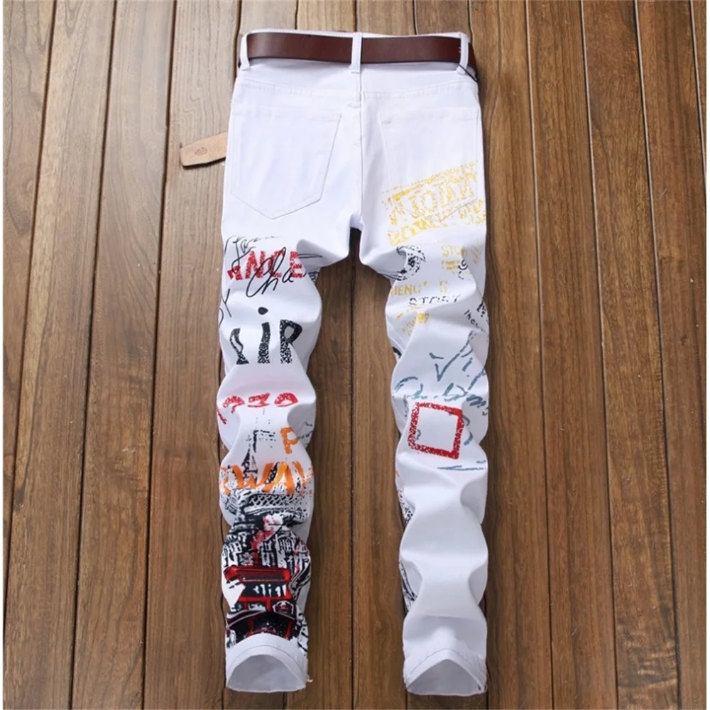 EH · MD® White Graffiti Jeans Men\'s Cartoon Print Night Scene Cotton High Street Zipper Trousers Slim 2020 Trend Color Art Words