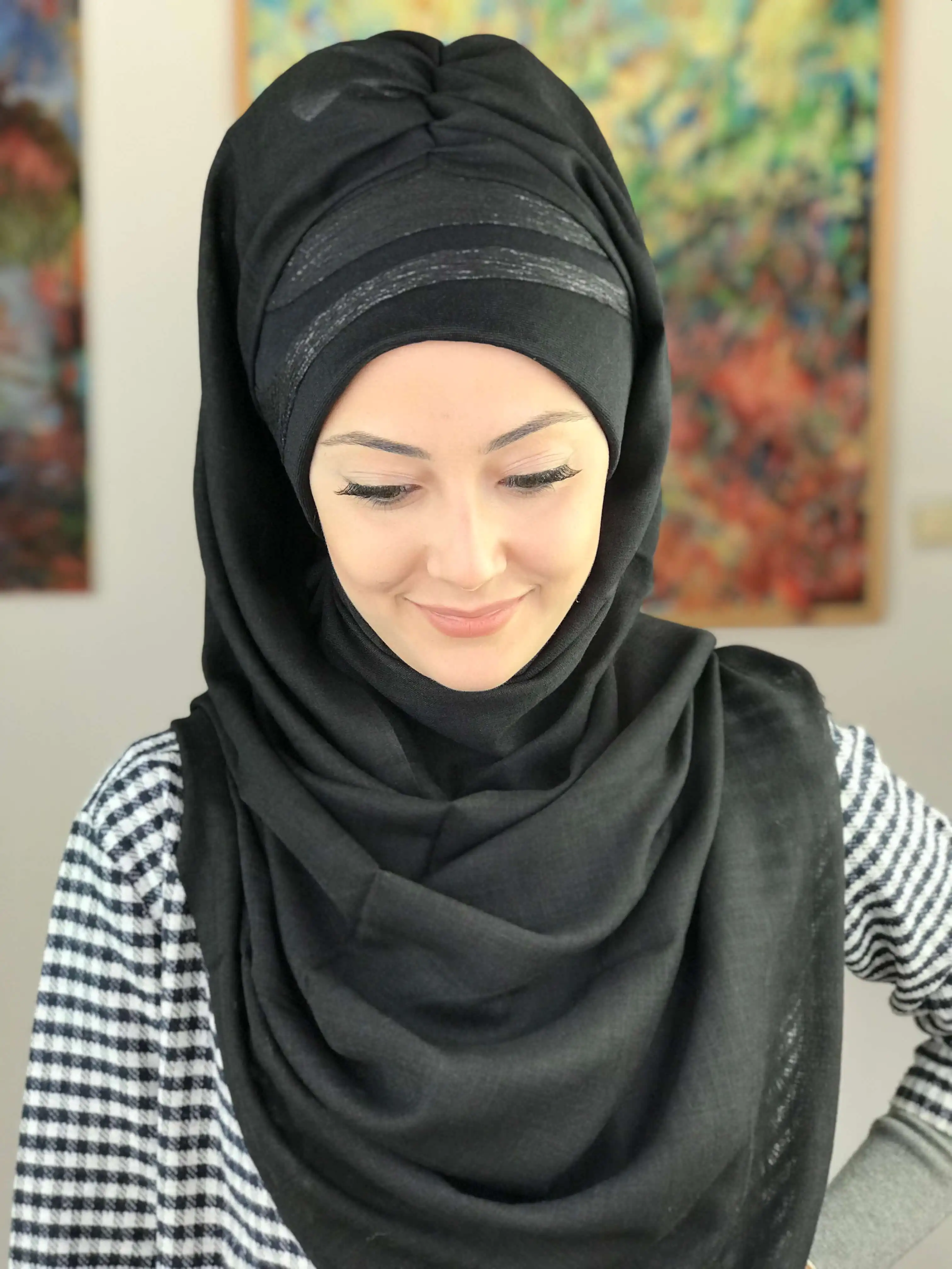 Hijab musulmán para mujer, turbante islámico, bufanda para envolver la cabeza, gorro, chal brillante Negro, 2021