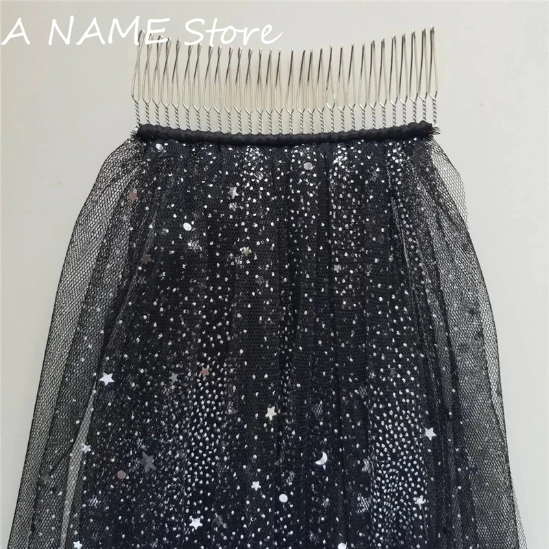 Eine Schicht Braut Schleier Mit Kamm Schwarz Silber Mond Sterne Pailletten Starry Sparkle Tüll Schleier Hochzeit Zubehör für Bräute Lange