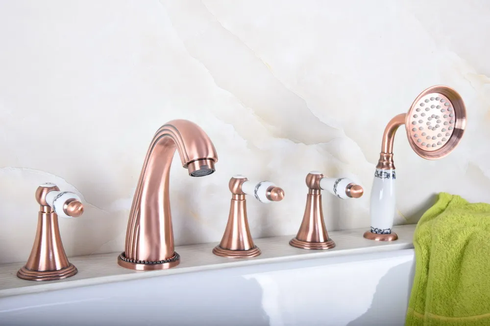 

Antique Red Copper Five Hole Deck Mounted Bathroom Tub Faucet Set with 1.5M Handheld Spray Shower Mixer Tap 2tf193