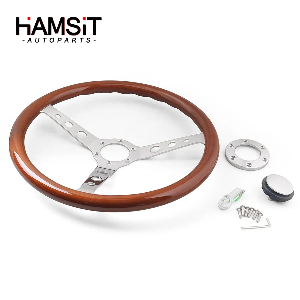 

Hamsit 15 inches 380MM Solid Wood Steering Wheel 6 Hole Classic Mahogany Vintage Electroplating Bracket Horn Button Universal