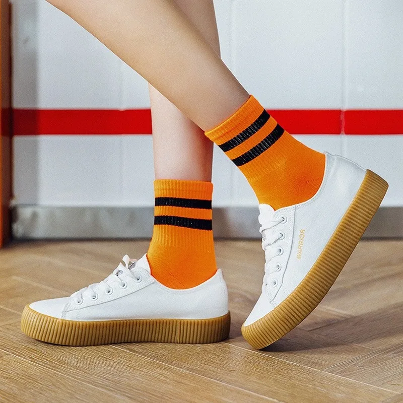 Cool Skate Neon Color Stripes Cotton Crew Socks Retro Old School Hiphop Harajuku Yellow Green Orange Purple Stylish Streetwear