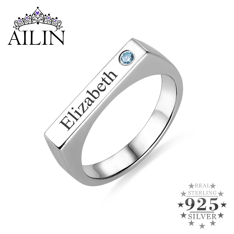 

AILIN Women Custom Rings 18K Gold Plated Silver 925 Wedding Personalized Engrave Name Ring With Birthstone Bar Jewelry Gifts