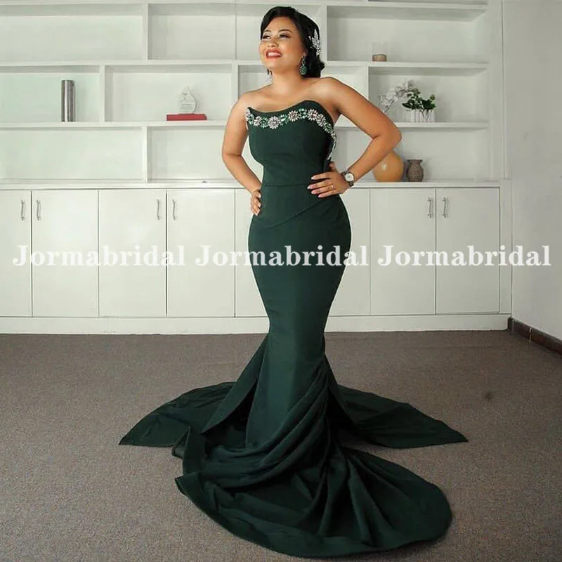 2021 Dark Green Mermaid Evening Dresses With Rhinestons Strapless Long Chapel Train Prom Formal Celebrity Dress Evening Gowns