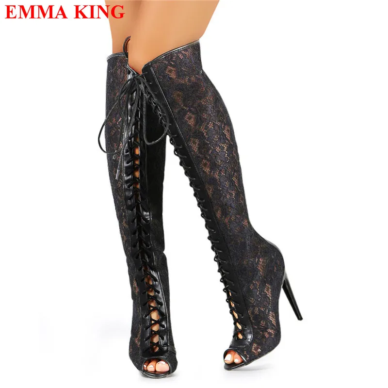 

Sexy Ladies Black Lace Knee High Boots Summer Open Toe Cross-tied Sandals Boots Lace Up High Heel Shoes Woman Cutouts Long Boots
