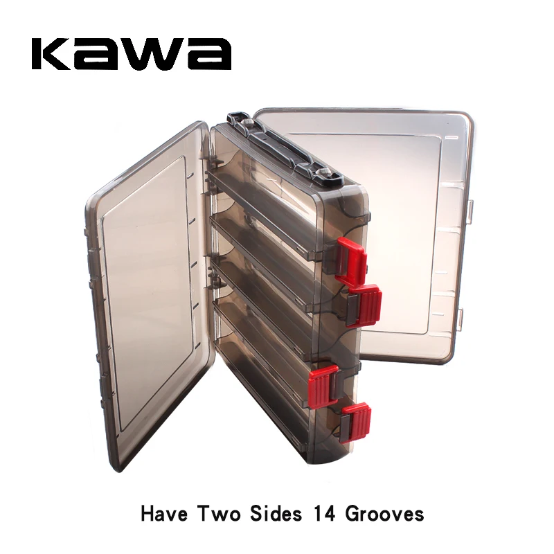 Double Sided 14/10 Compartments,KAWA New Brown Fishing Box,High Strength Transparent Visible Plastic  Box with Drain Hole,