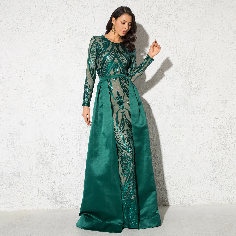 

Green Sequined O Neck Full Sleeved Evening Party Dress Floor Length Ball Gown