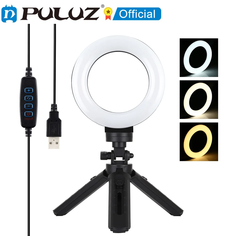 PULUZ 4.7 inch USB 3 Modes Dimmable LED Ring Video Lights with Tripod Mount for Tiktok YouTube Vlogging Video Selfie Light Kits