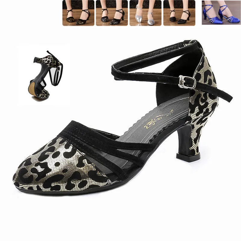 Leopard Print Gold Silver Black Blue Latin Dancing Shoes Women\'s Closed Toe Salsa Shoes Ballroom/Outdoor Dancing Shoes Low Heel