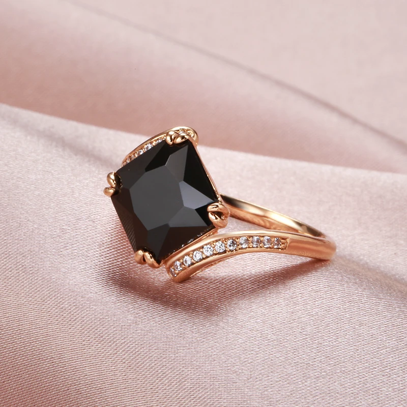 Kinel Luxury Big Square Black Natural Zircon Ring For Women Fashion 585 Rose Gold Color Vintage Wedding Jewelry Fine Daily Gift