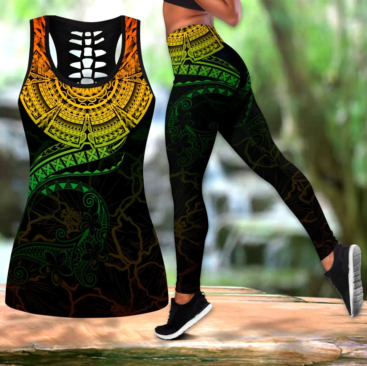

Polynesian Tattoo Pattern 3D Printed Hollow Tank Top & Leggings Set Fitness Female Full Length Leggings Running Pants DDK79