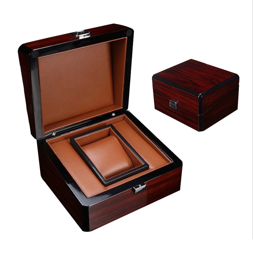 Premium Brown Wood Watch Box Single Slot Jewelry Storage Holder Square