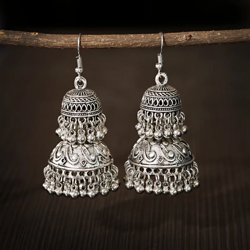 Egypt Vintage Women's Silver Color Double Layer Bells Tassel Earrings Ethnic Turkish Tribal Gypsy Earrings Indian Jewelry