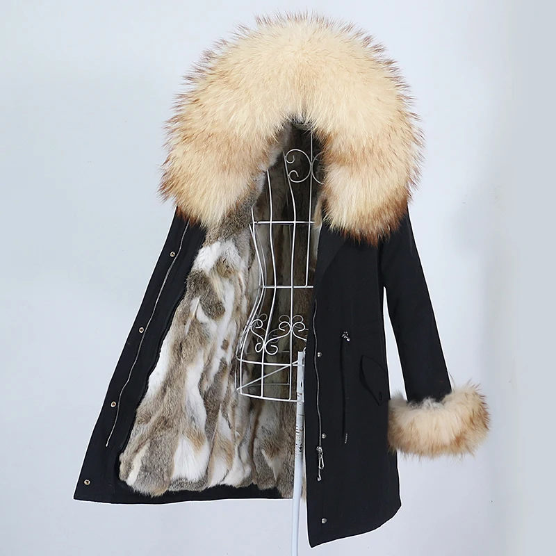 

MENINA BONITA Waterproof Winter Jacket Women Long Parka Real Natural Raccoon Fur Hooded Cuffs Rabbit Fur Liner Streetwear Coat