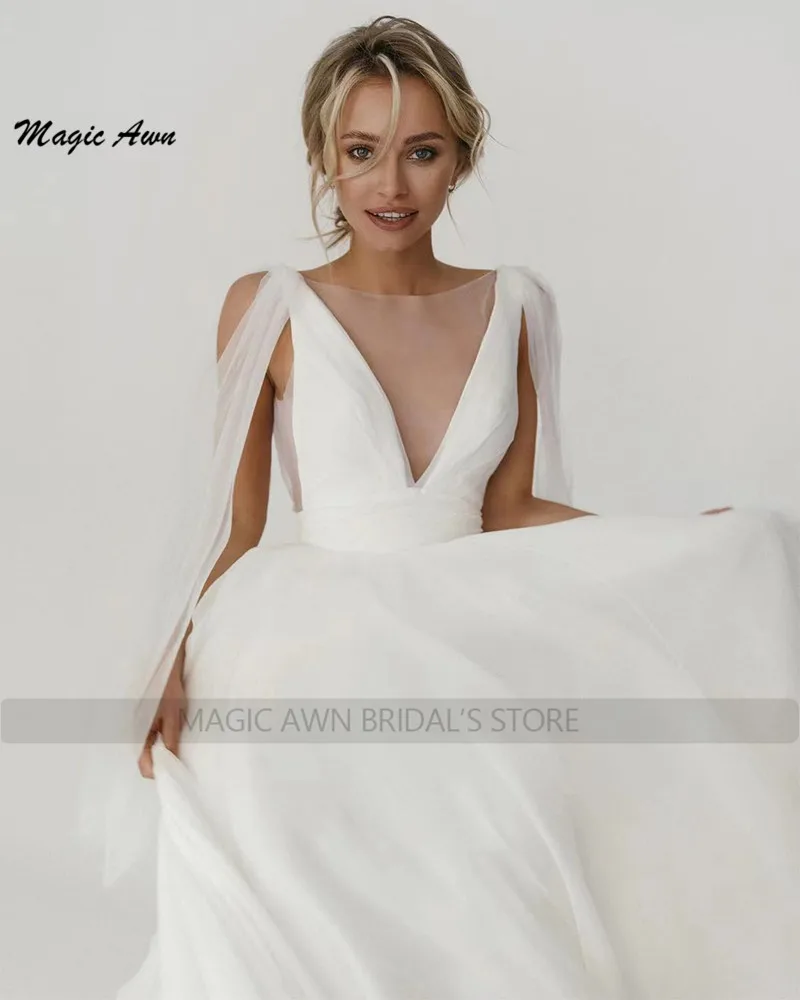 Magic Awn-Vestidos De Novia De playa blancos para mujer, ilusión De espalda abierta, Vestidos De Novia bohemios simples con tirantes