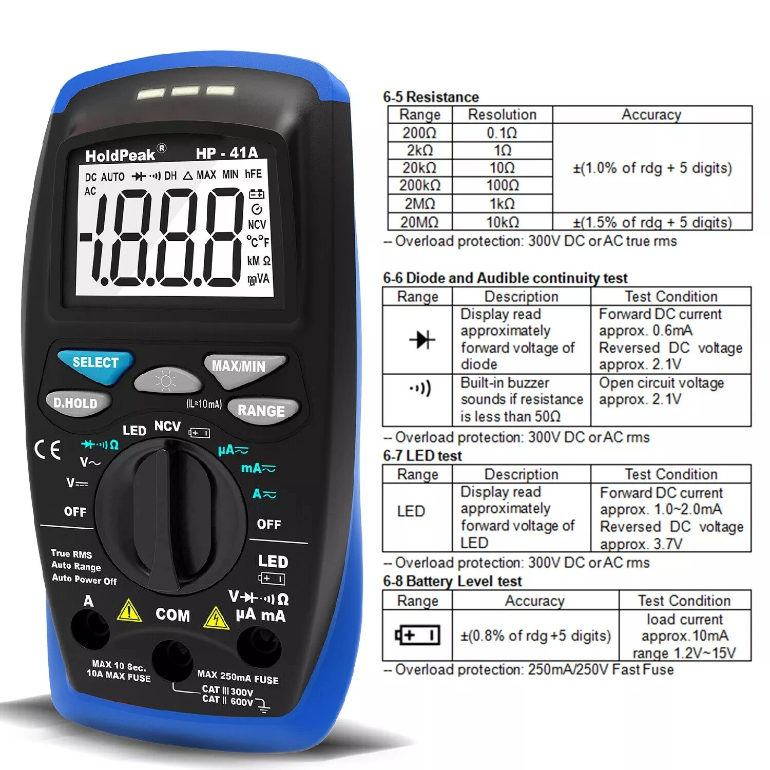 Holdpeak HP-41A Mini Digital Multimeter 200V 10A TrueRMS Current NCV Voltage Resistance LED Test ,measure DC & AC voltage etc.