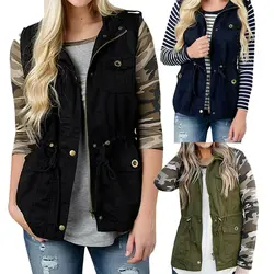Fashion Women Vest Olive Cargo Utility Safari Vest W Pockets Drawstring Army Top Jacket Coat Casual Streetwear