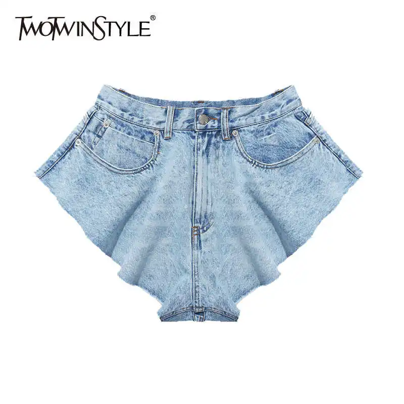 TWOTWINSTYLE Casual Denim Shorts Skirts High Waist Ruffle Hem Loose Ruched Short Pants Female Fashion Clothing 2021 Spring