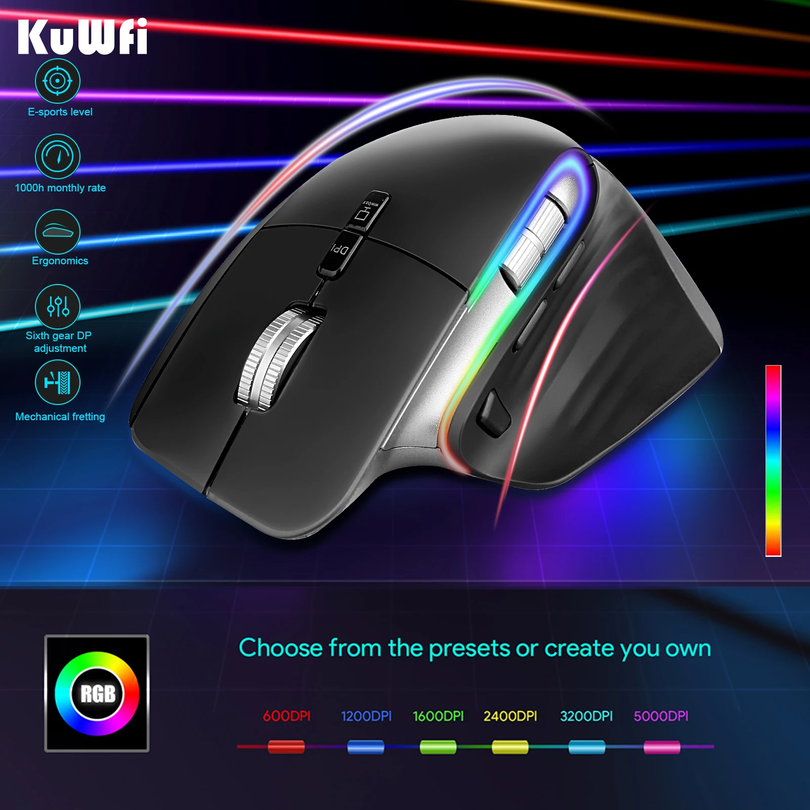 KuWFi souris sans fil 2.4g souris gamer souris d'ordinateur USB silencieuse LED rétro-éclairé ergonomique rvb Rechargeable souris 4000DPI pour ordinateur portable