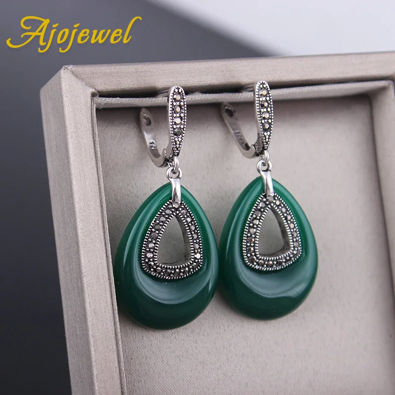 Ajojewel Vintage Style lHollow Water Drop Earrings For Women With Dark Green/Light Green/Red/Blue/Black Stone Hot Sale