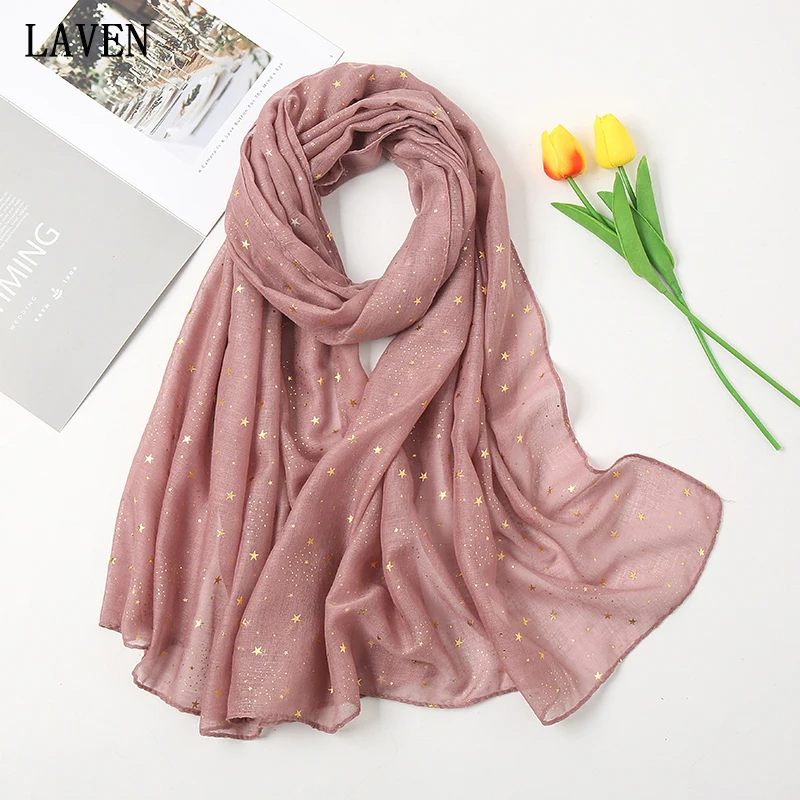 New Arrival Cotton Hijab Scarf Glitter Golden Star Plain Shawl Soft Scarves Women Muslim Turban Solid Headscarf Bandana 180*75cm