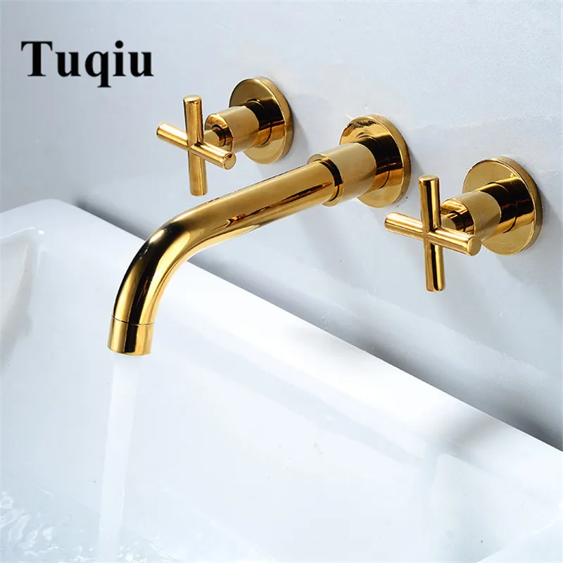 Tuqiu Basin Faucet Wall Mounted Double Handle Mixer Tap Hot & Cold In-wall Antique Bronze Basin mixer Total Brass Sink Faucet