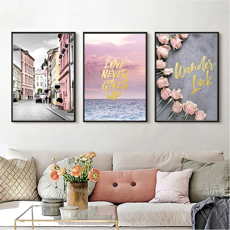 

5D Diamond Embroidery Nordic Seascape Poster Pink Roses diy diamond painting 3pcs cross stitch kits mosaic wall stickersZP-1092