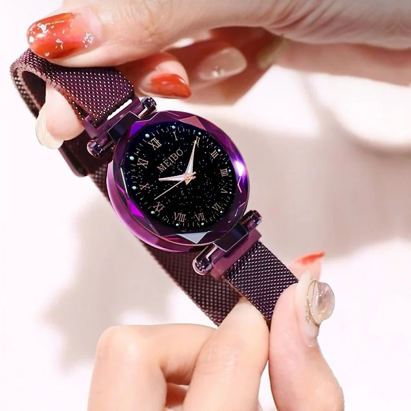 reloj hombre Reloj de cuarzo con correa de malla de acero para mujer, cronógrafo con hebilla magnética, con diamantes de imitación, diseño