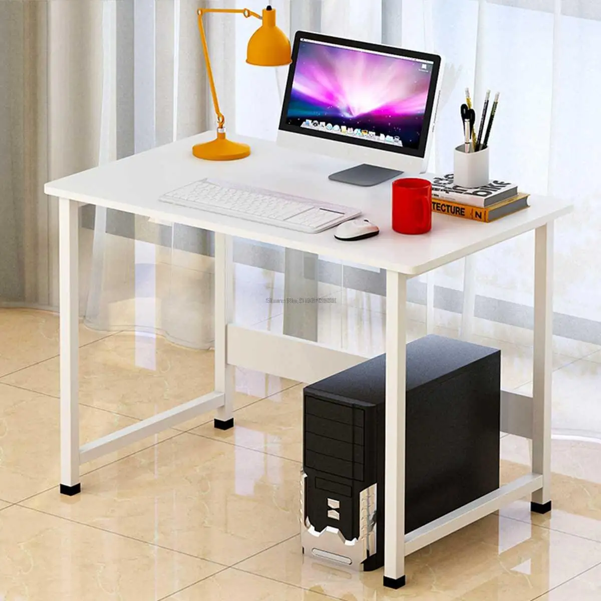 

Computer Laptop Desk Modern Style Computer Table with Bookshelf Wooden Standing Desks Round Edge for Home Office Living Room