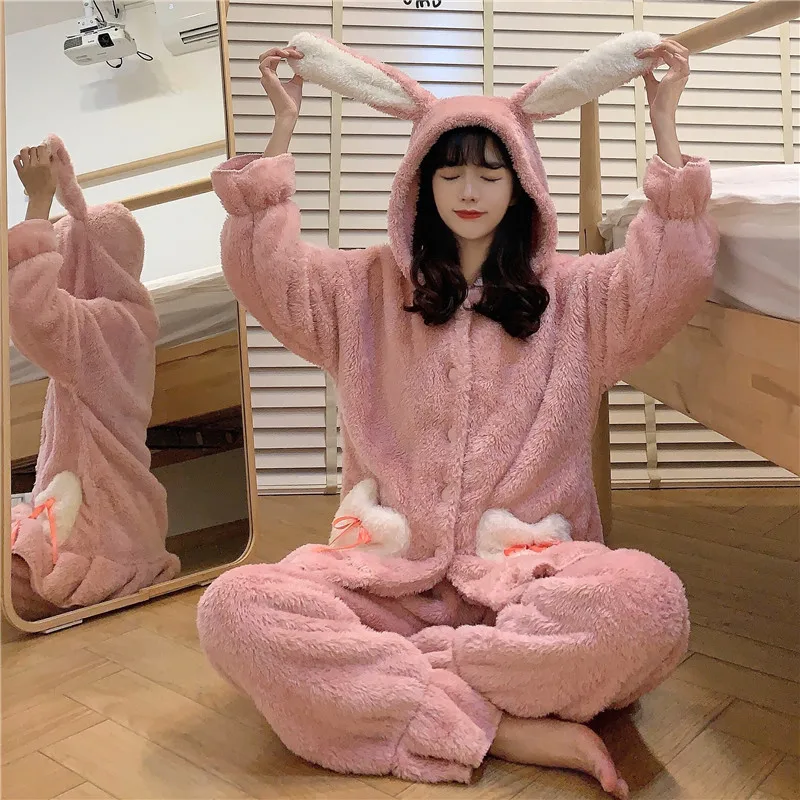 Winter Cute Flannel Pajama Set Women Kawaii Plush Sleepwear Bunny Ear Long Sleeve Fleece Warm Two Piece Sleep Home Lounge Wear