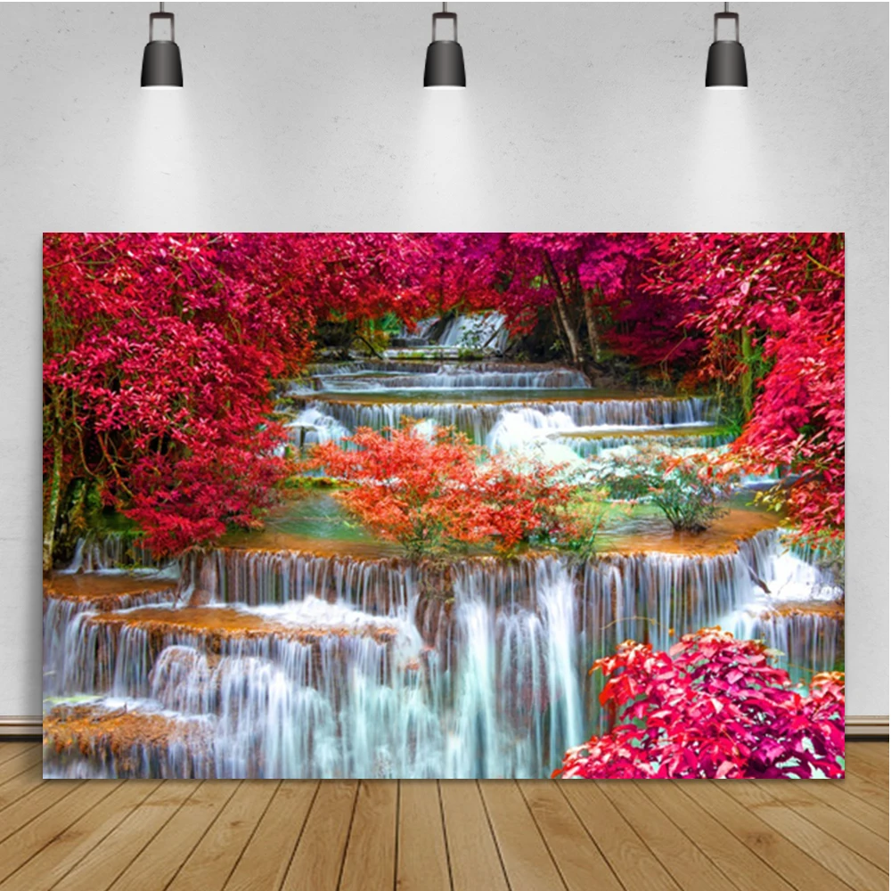 Summer Natural Scenery Backdrop Waterfall Flowers Trees Lake  Landscape Decor Photography Background Portrait Photophone Props