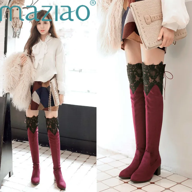 

Stretch Fabric Women Over The Knee Boots Pointed Toe Footwear High Heels Sexy Female Party Boot Lace Shoes Woman Winter MAZIAO