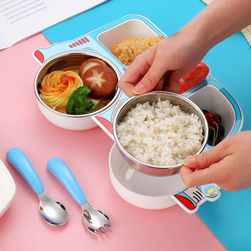 Set di piatti e ciotole per bambini a forma di auto per cartoni animati ciotole in acciaio inossidabile forchette cucchiai Kit di stoviglie per piatti da pranzo per bambini